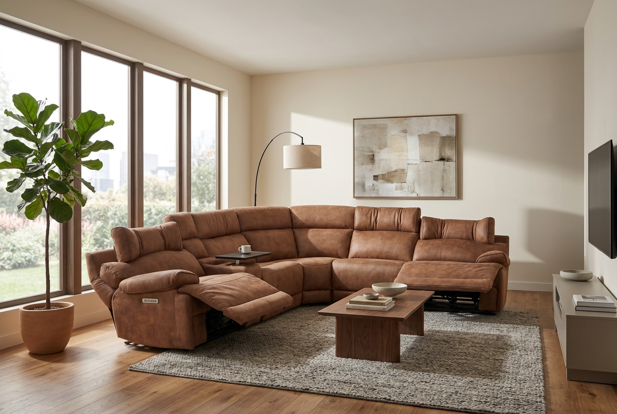 MaxView Media Mocha 6-Piece Power Reclining Sectional with Immersive Sound System