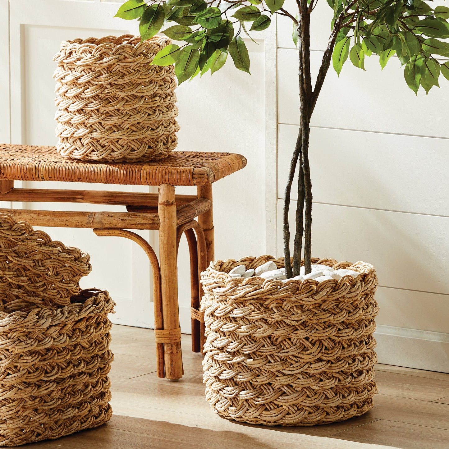 Abaca French Braid Storage Baskets Round, Set of