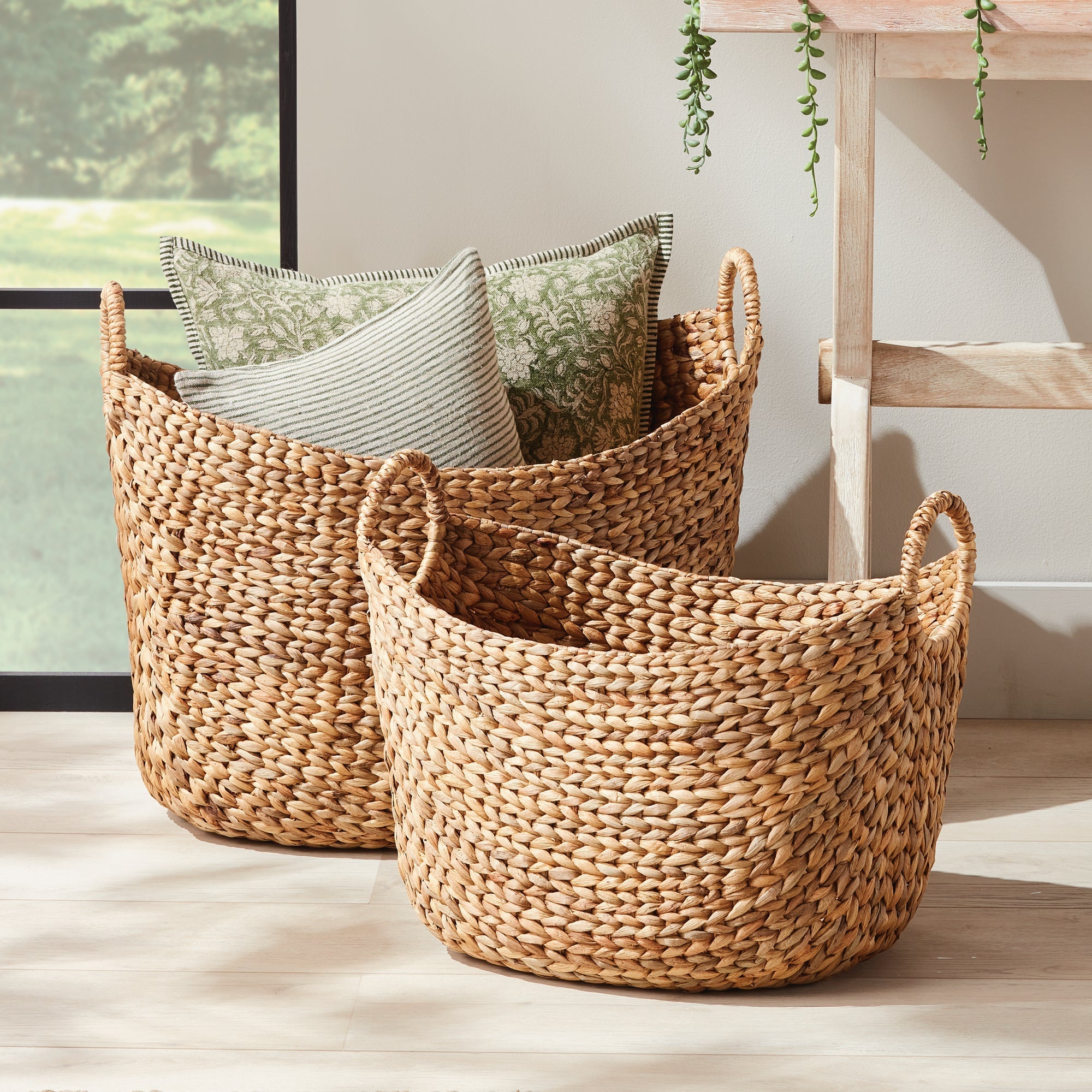 Josette Water Hyacinth Baskets with Handles, Set of 2