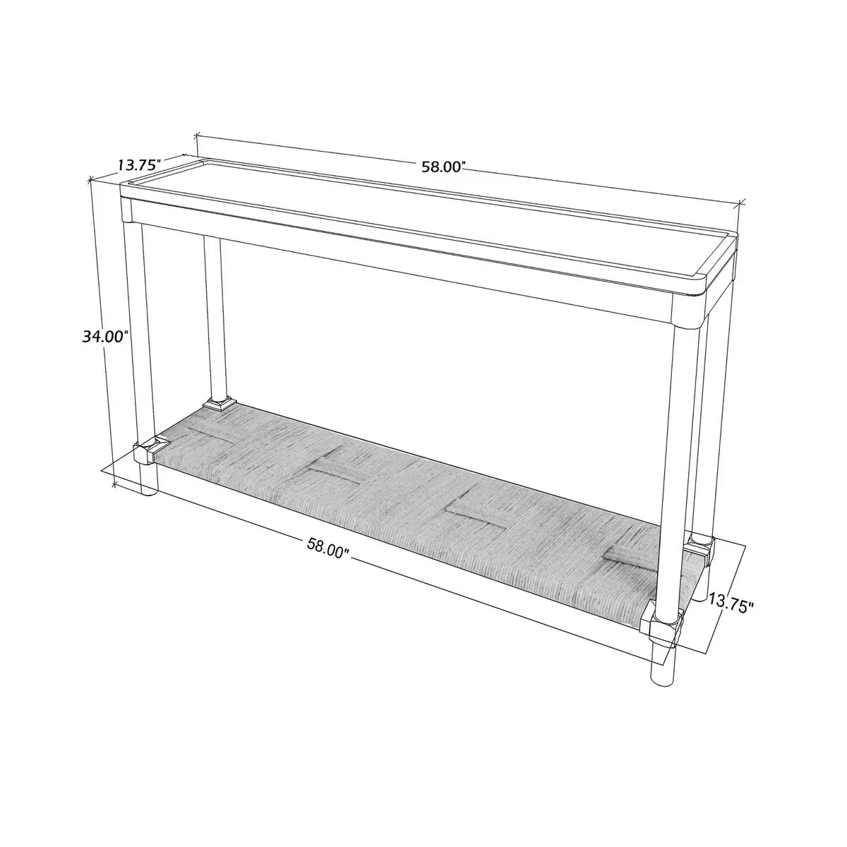 Asher Tray Top Console Table With Rush Shelf, 58"W, Chestnut Brown