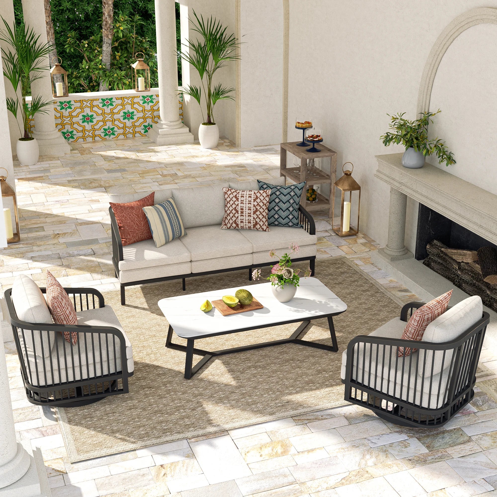Asheville 4-Piece Aluminum Patio Swivel Seating Set With Sintered Stone Tables
