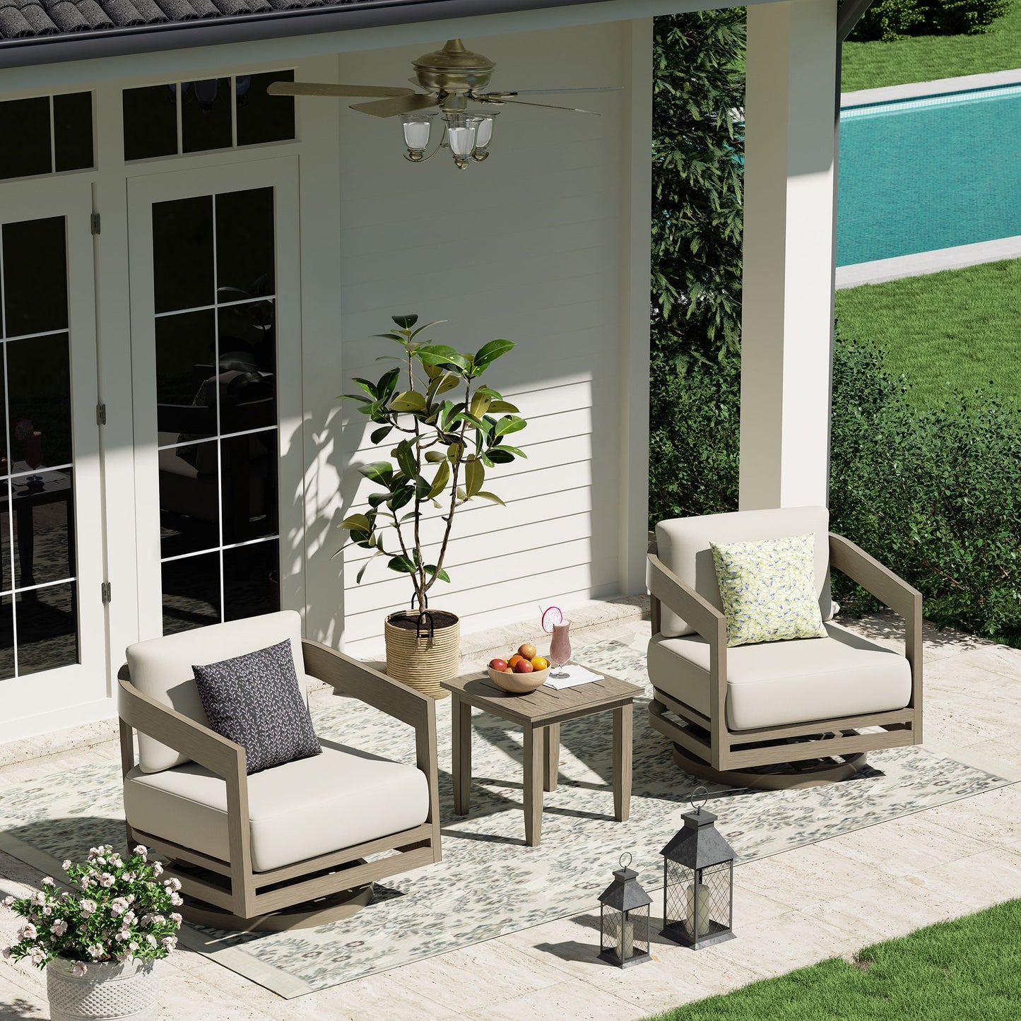 PEAKHOME Harmonti Patio 3-Piece Aluminum Swivel Conversation Set With Side Table