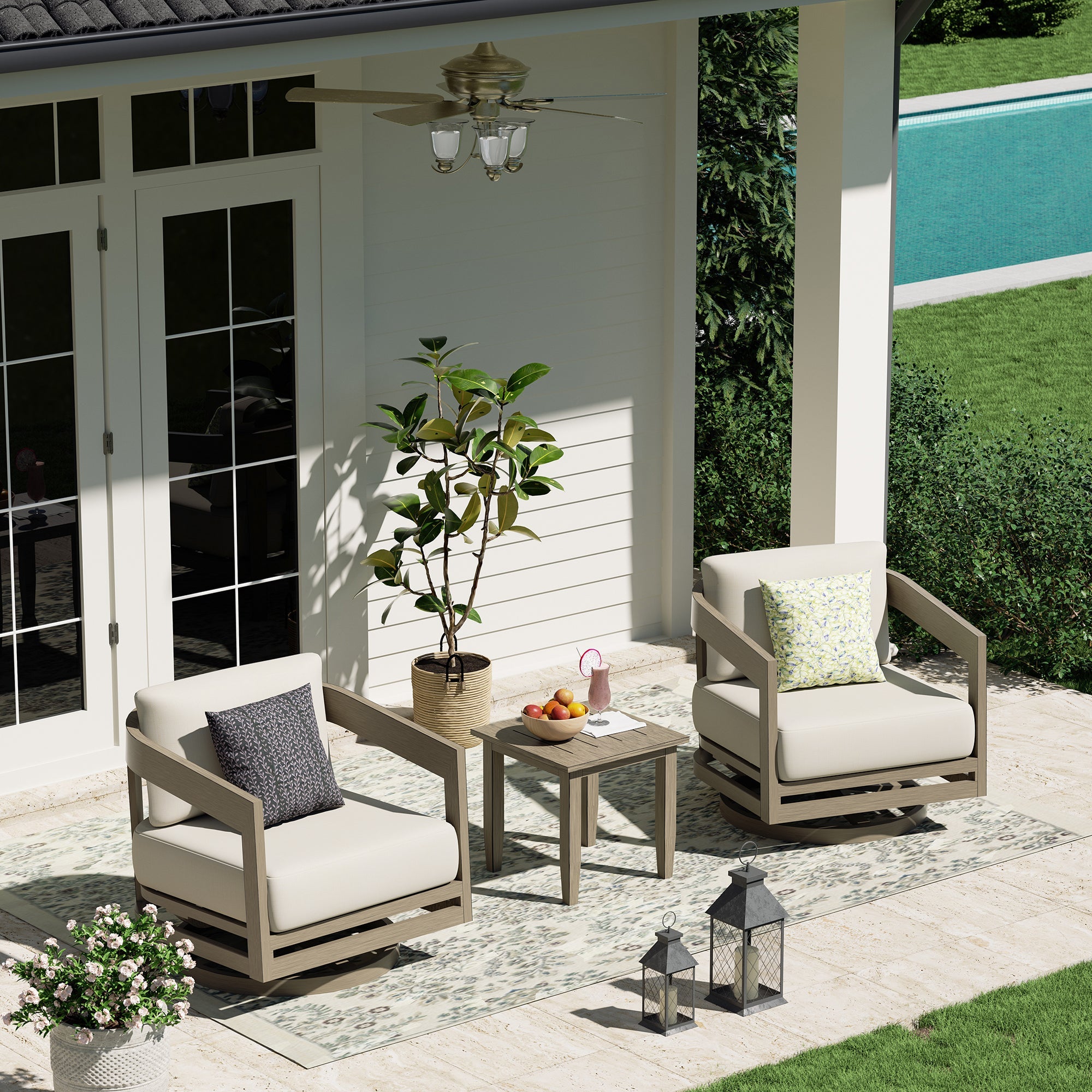 PEAKHOME Harmonti Patio 3-Piece Aluminum Swivel Conversation Set With Side Table