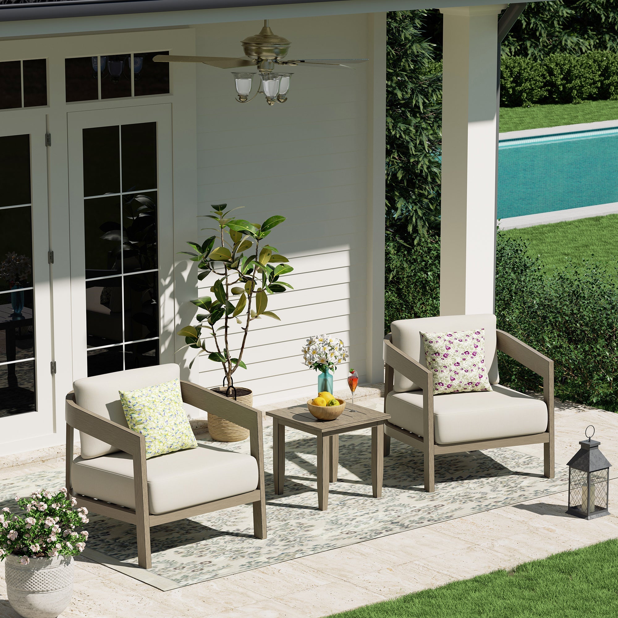 PEAKHOME Harmonti Patio 3-Piece Aluminum Club Conversation Set With Side Table