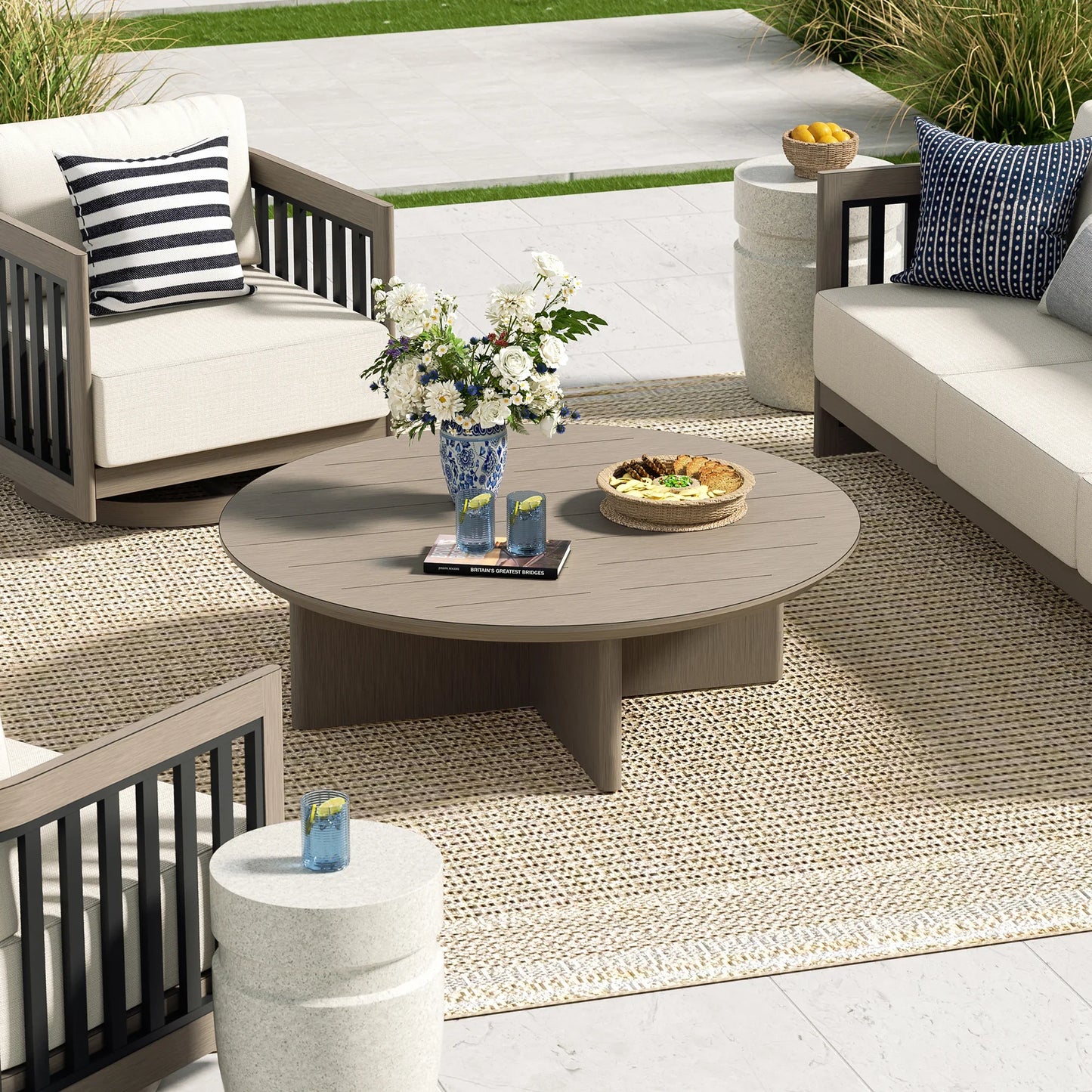 Sereno 4 Pieces Patio Sofa Set With Fixed Chairs and Round Coffee Table