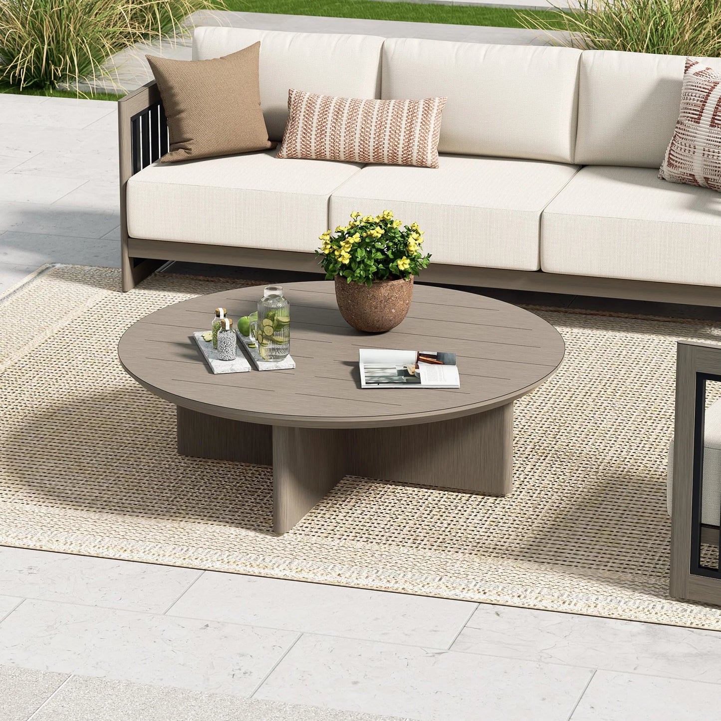 Sereno Outdoor Aluminum Sofa Set With Swivel Chairs and Round Coffee Table