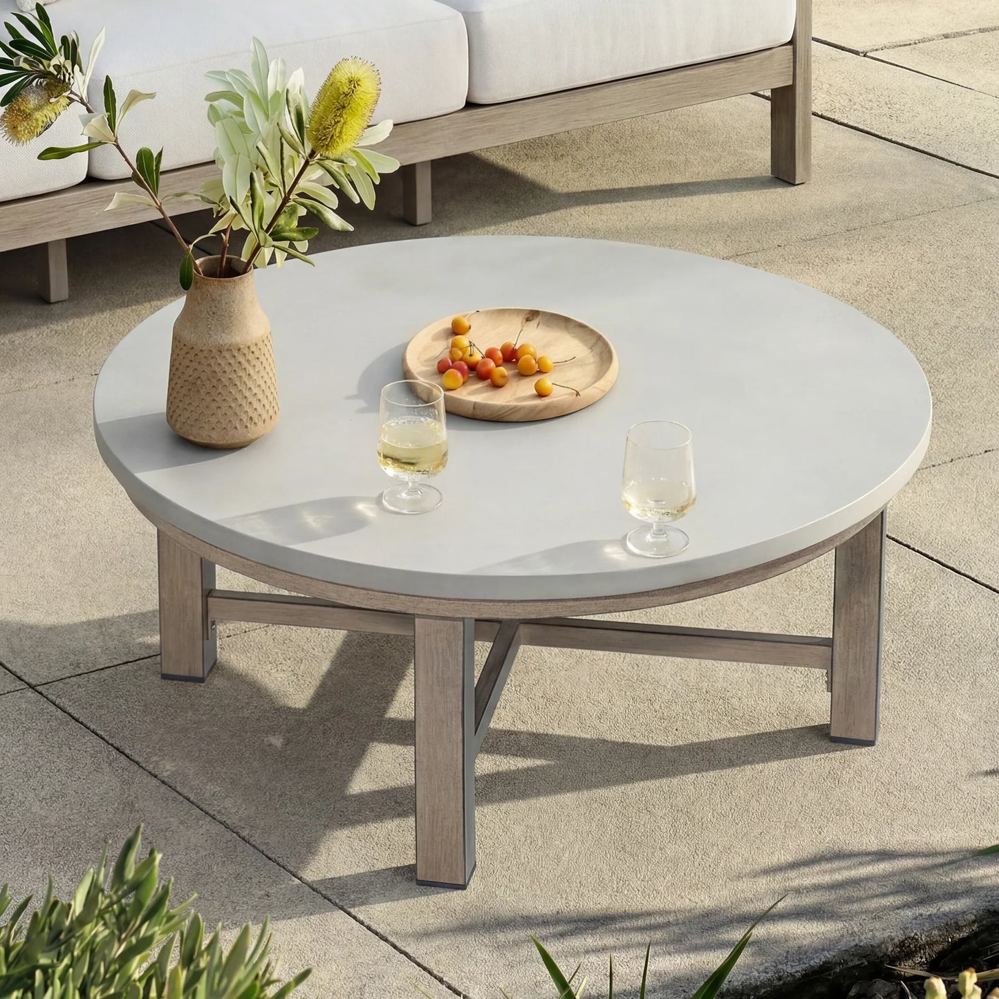 Harmonti 6 Pieces Teak Finish Aluminum Patio Swivel Furniture Set With Ottoman