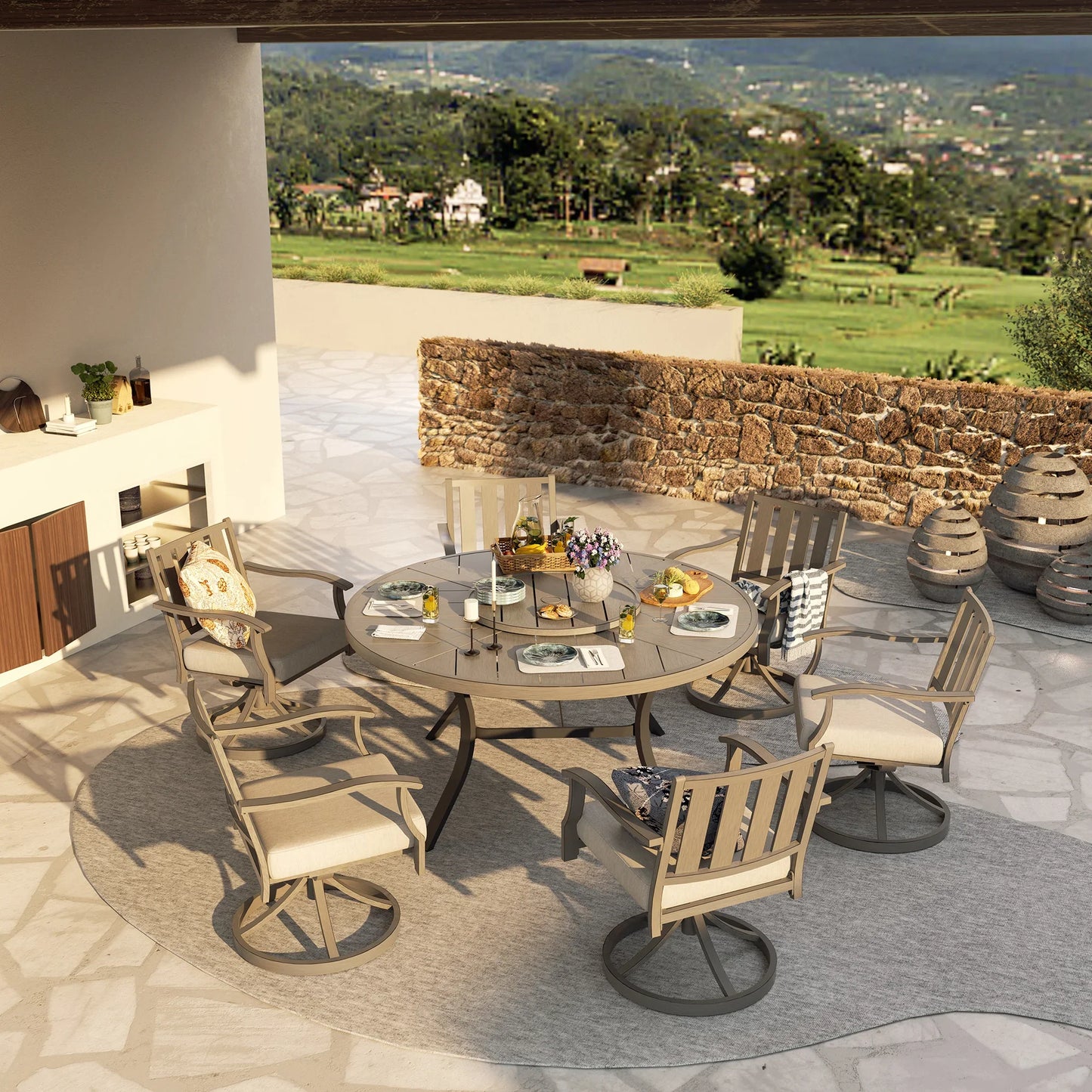 Azur Patio Round 60" Dining Set With Removable Lazy Susan And Sunbrella® Cushions
