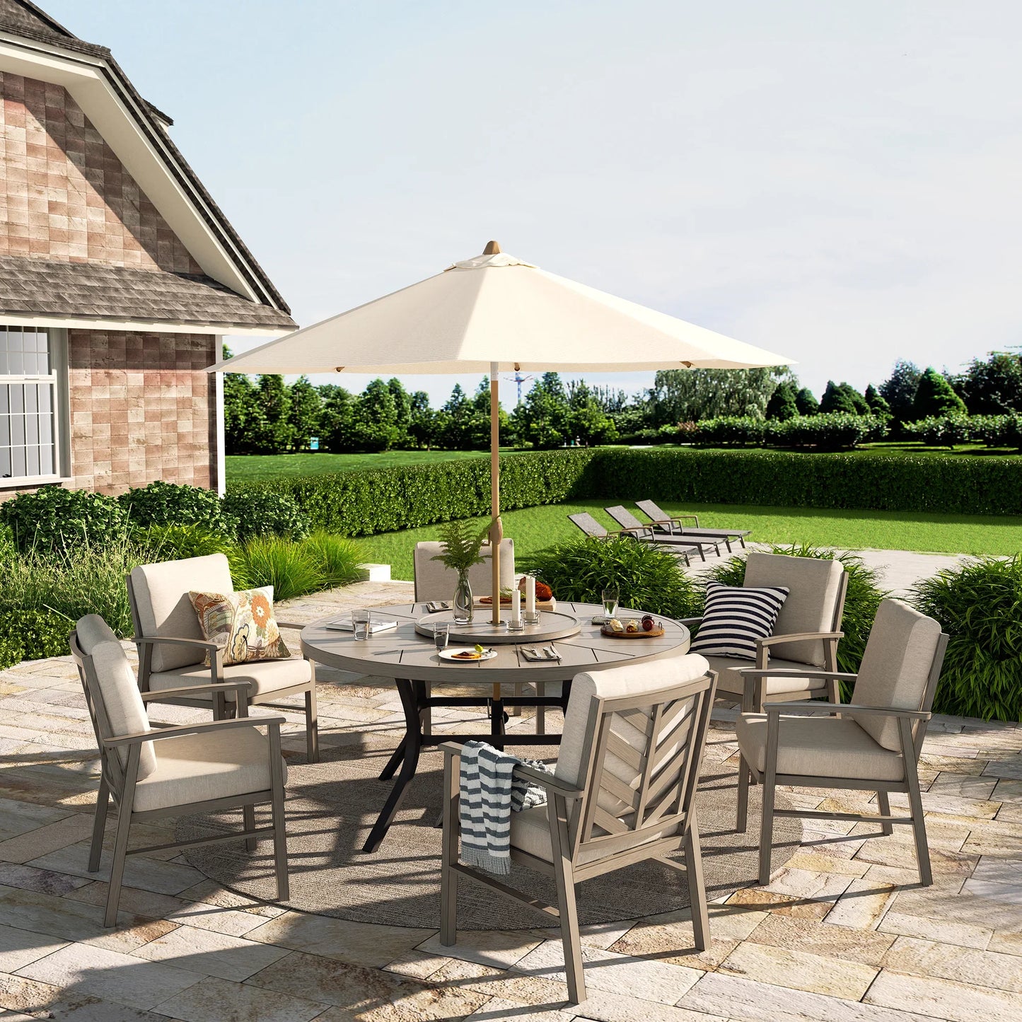 Peak Home Amario Round Outdoor Dining Set with Fixed Chair and Lazy Susan