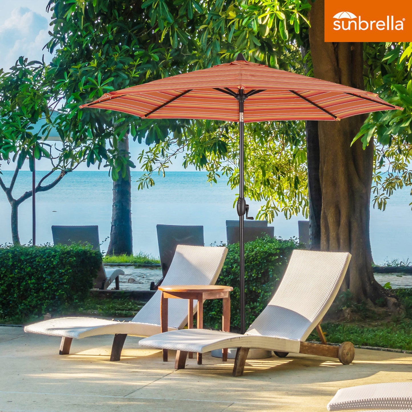 PATIO TREE 9ft Stripe Round Market Umbrella, Crank Lift, Push Button Tilt, Brown Pole, Sunbrella® (Dolce Mango)