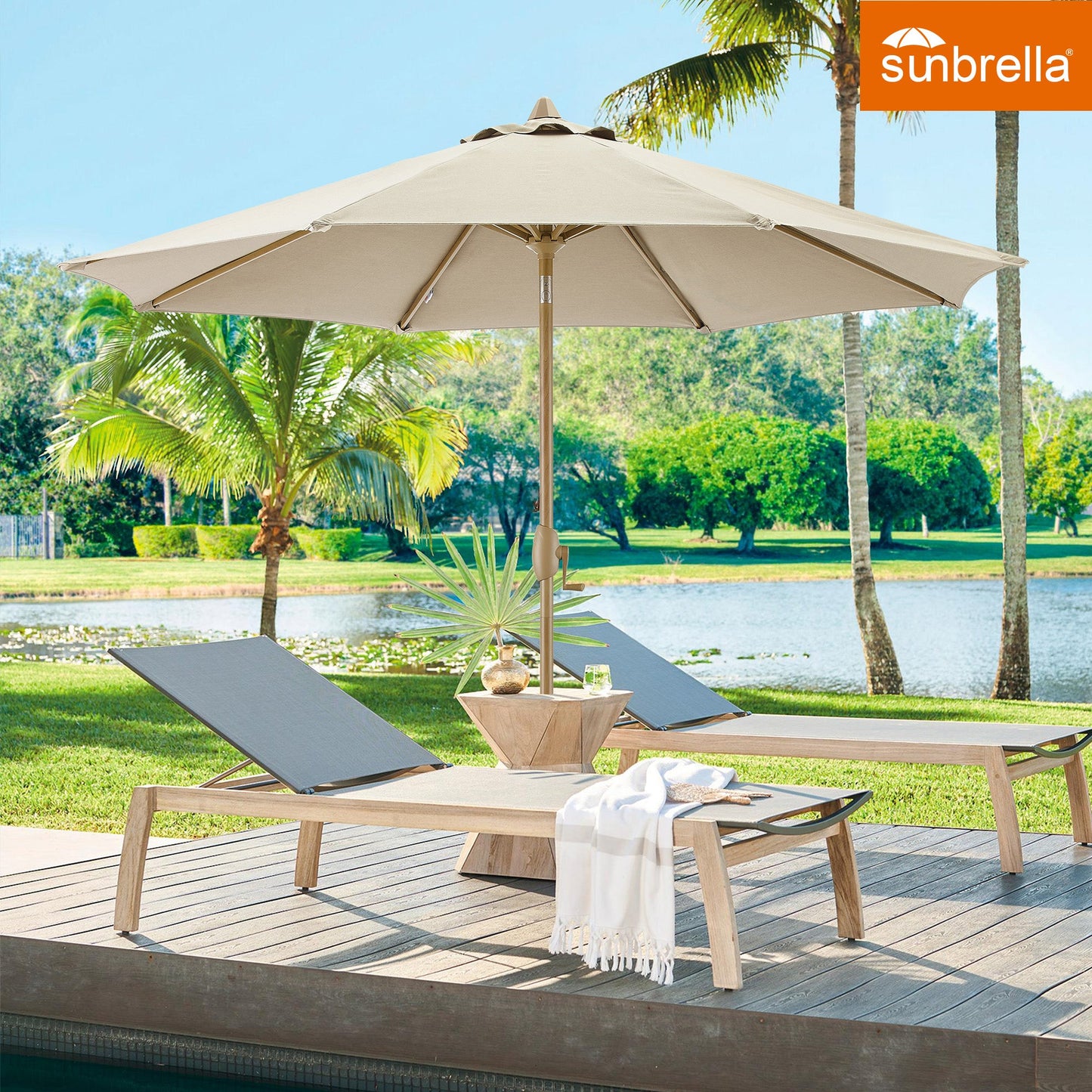 PATIO TREE Patio Umbrella Manual Tilt With Natural Wood Grain Frame (Sunbrella® Heather Beige)