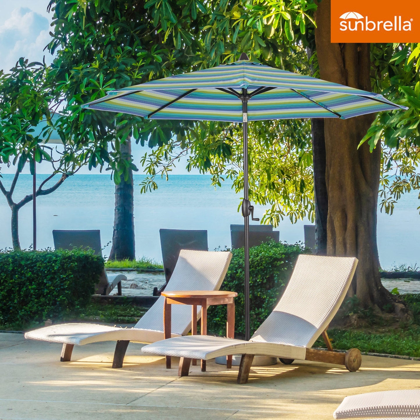 PATIO TREE 9Ft Round Cabana Stripe Market Umbrella with Sunbrella® Fabric (Seville Seaside)