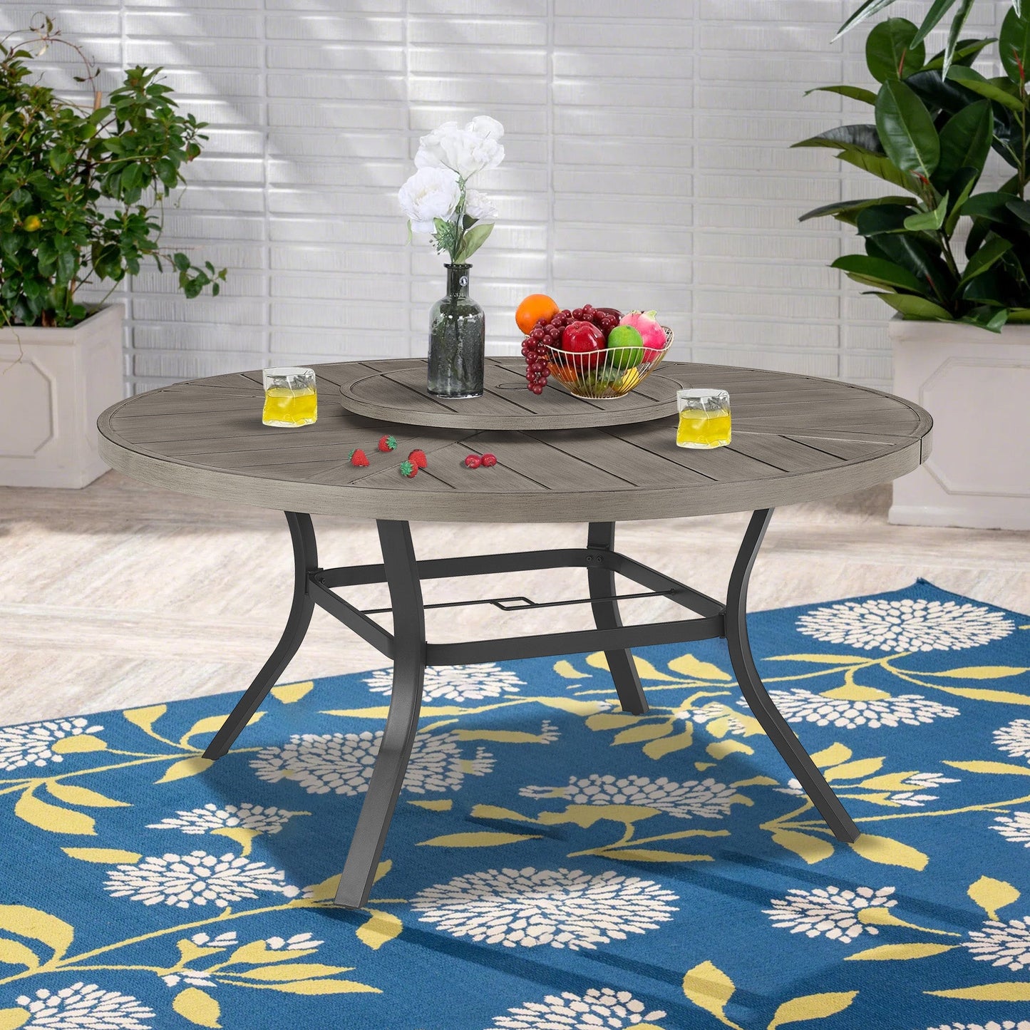 PEAKHOME Azur Patio Aluminum Round 60" Dining Table With Removable Lazy Susan for 6 Person