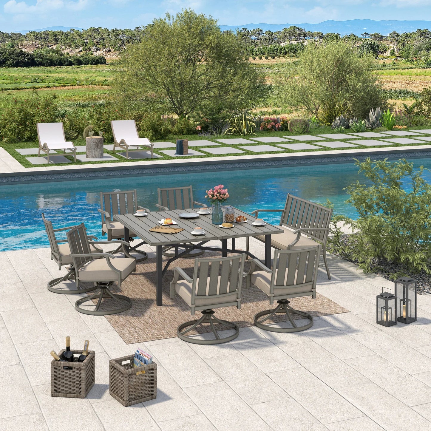 PEAKHOME Azur 8-Person Patio Square Dining Table Set With Sunbrella® Cushions