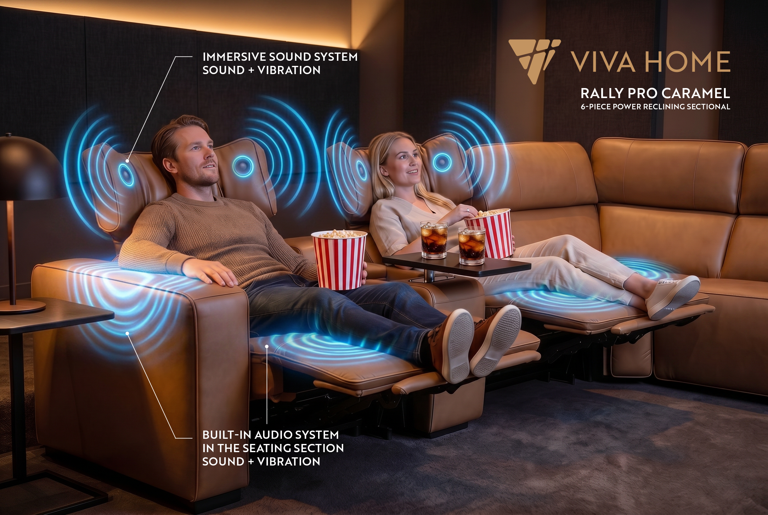 Rally Pro Caramel 6-Piece Power Reclining Sectional with Console and Immersive Sound System