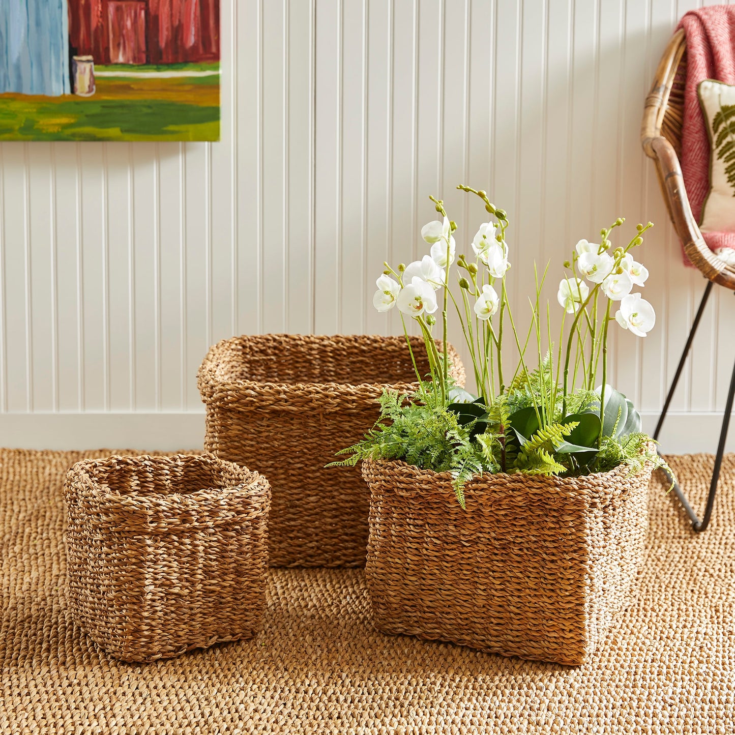 Seagrass Square Baskets with Cuffs, Set of 3