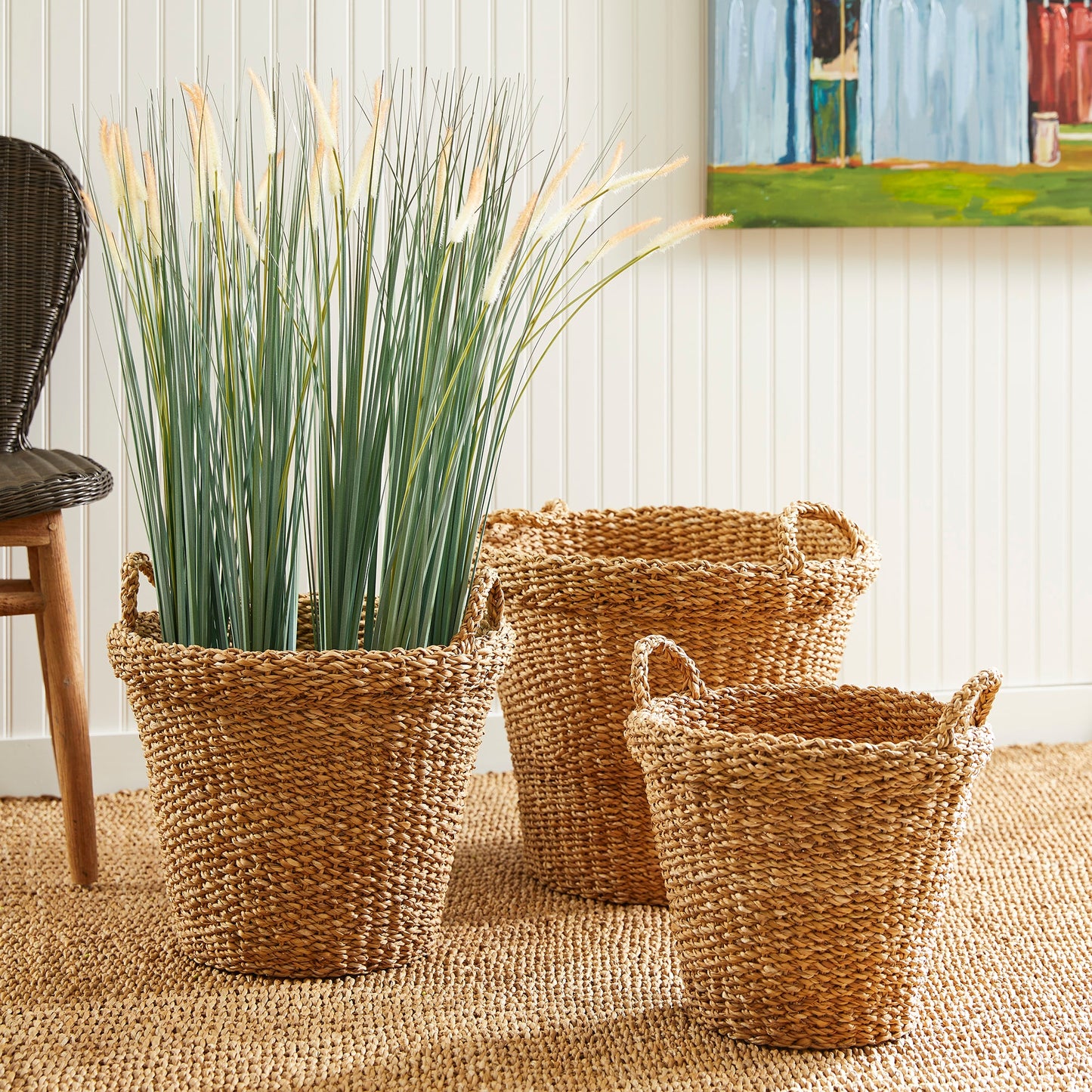 Seagrass Tapered Baskets with Handles, Set of 3