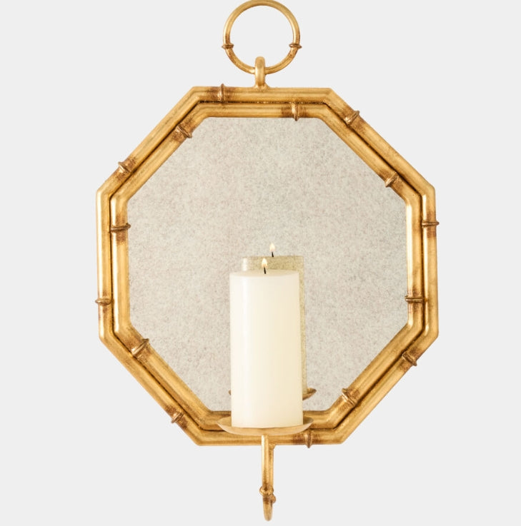 Octagonal Bamboo Mirror w/Candleholder-Gold