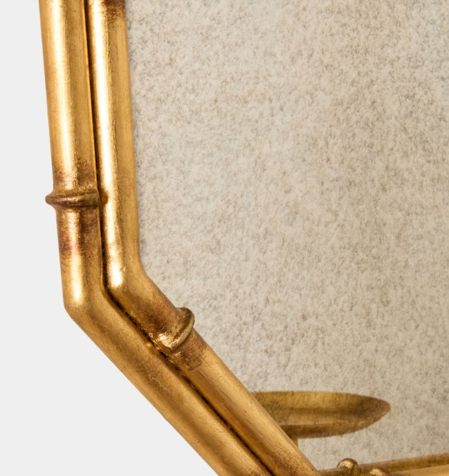 Octagonal Bamboo Mirror w/Candleholder-Gold