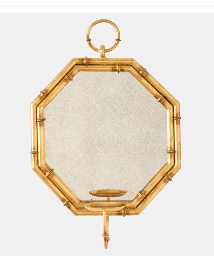 Octagonal Bamboo Mirror w/Candleholder-Gold