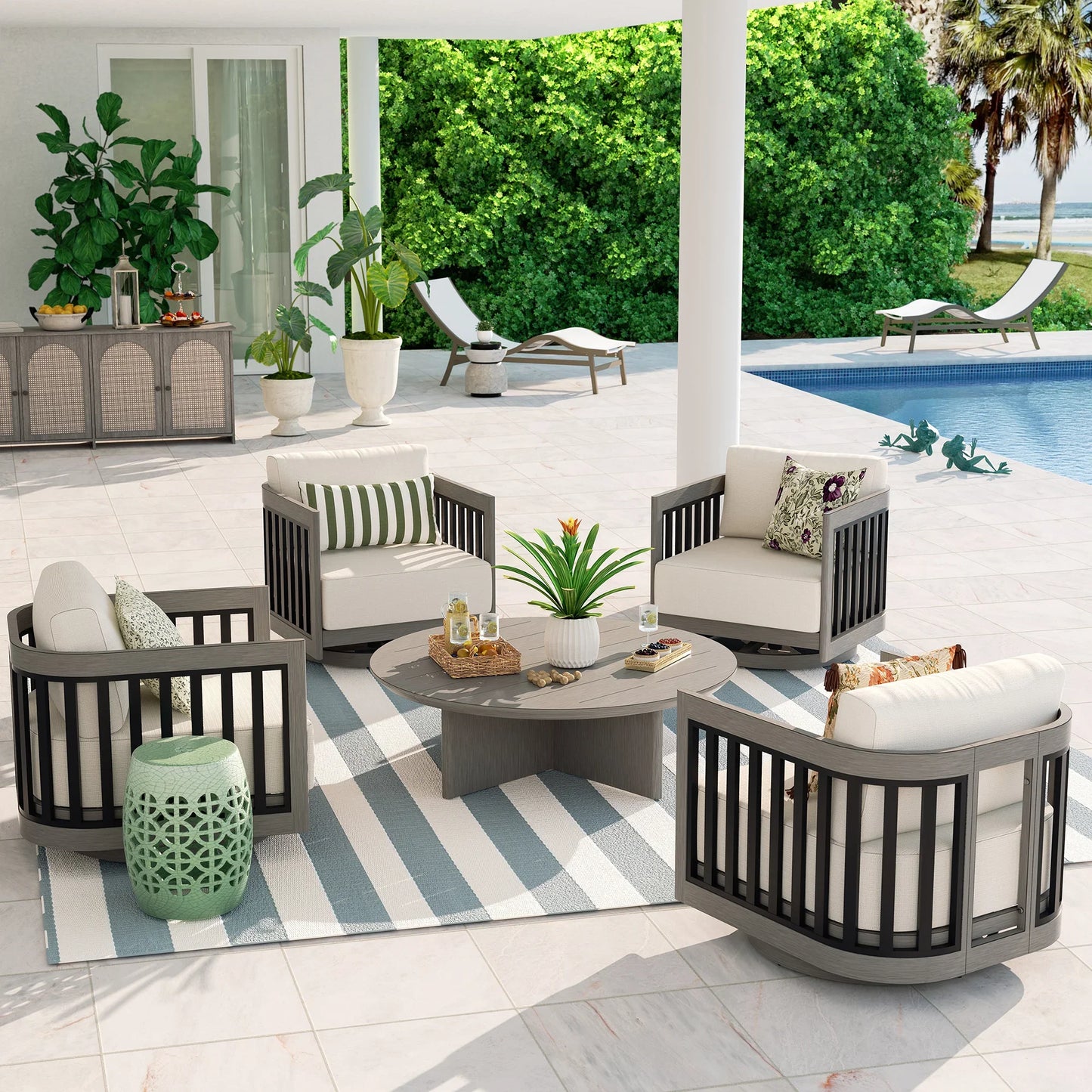 Sereno 4-Person Patio Swivel Chair Set With Round Coffee Table