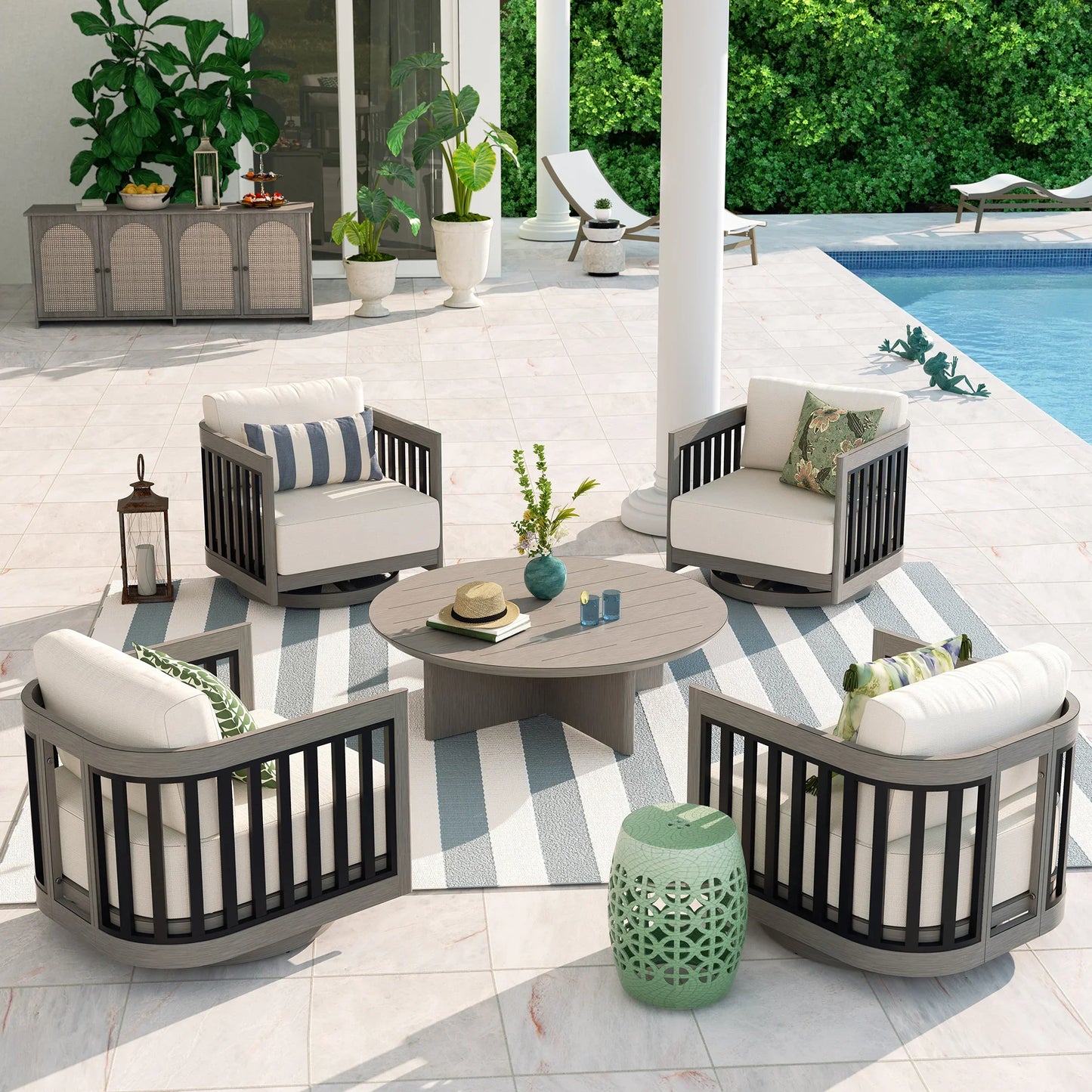 Sereno 4-Person Patio Swivel Chair Set With Round Coffee Table