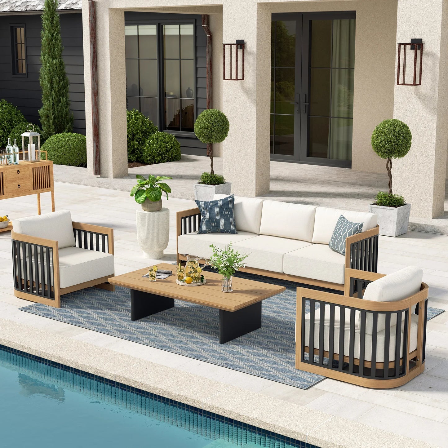 Sereno Outdoor Sofa and 2 Chairs with Rectangular Coffee Table