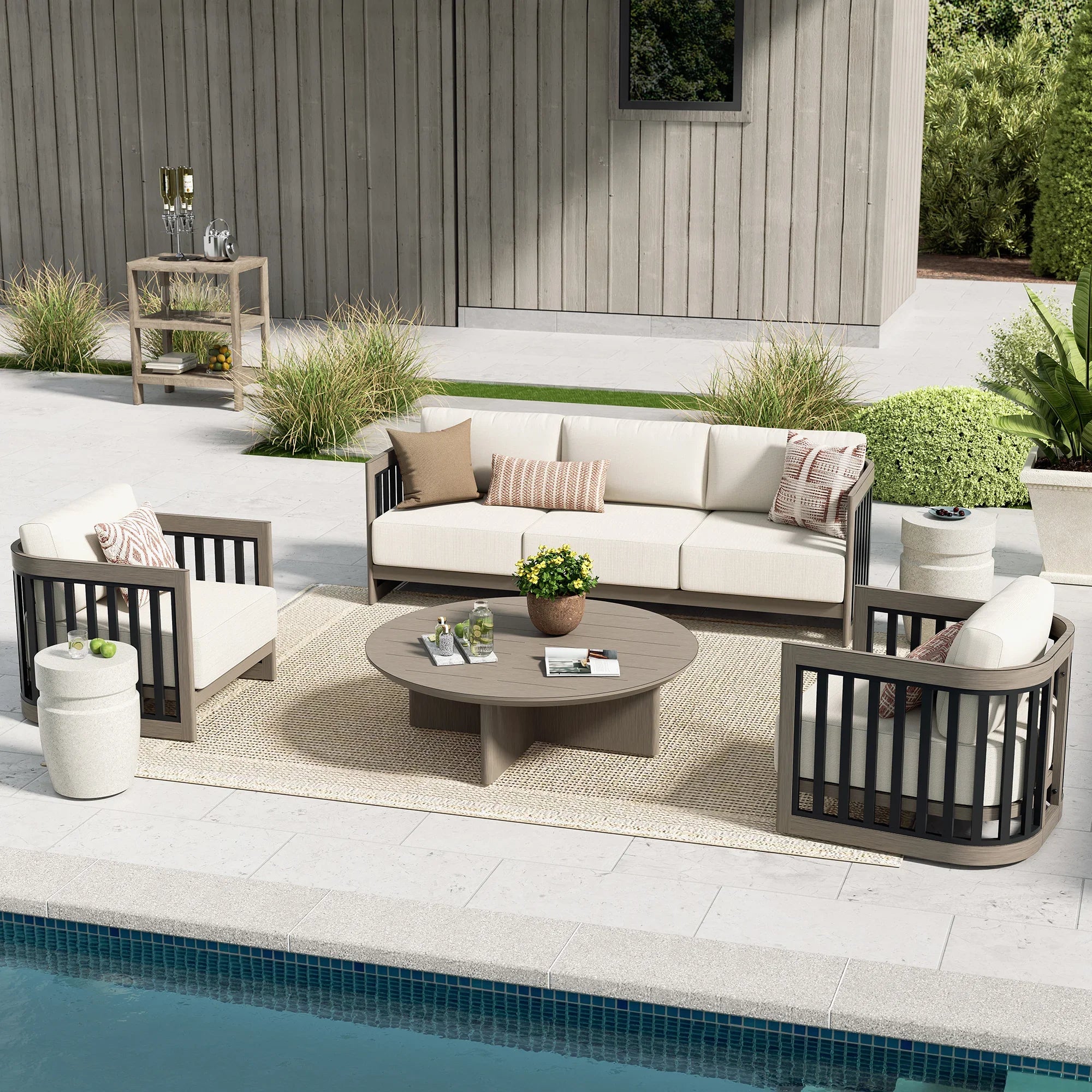 Sereno 4 Pieces Patio Sofa Set With Fixed Chairs and Round Coffee Table