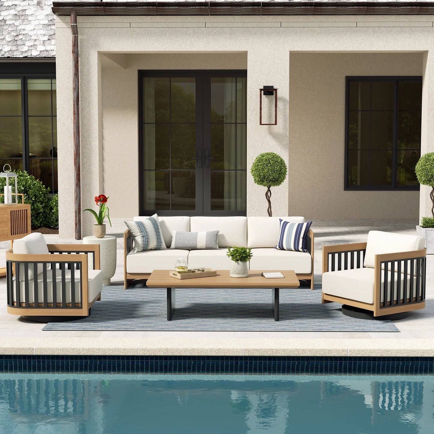 Sereno Outdoor Sofa and 2 Swivel Chairs with Rectangular Coffee Table