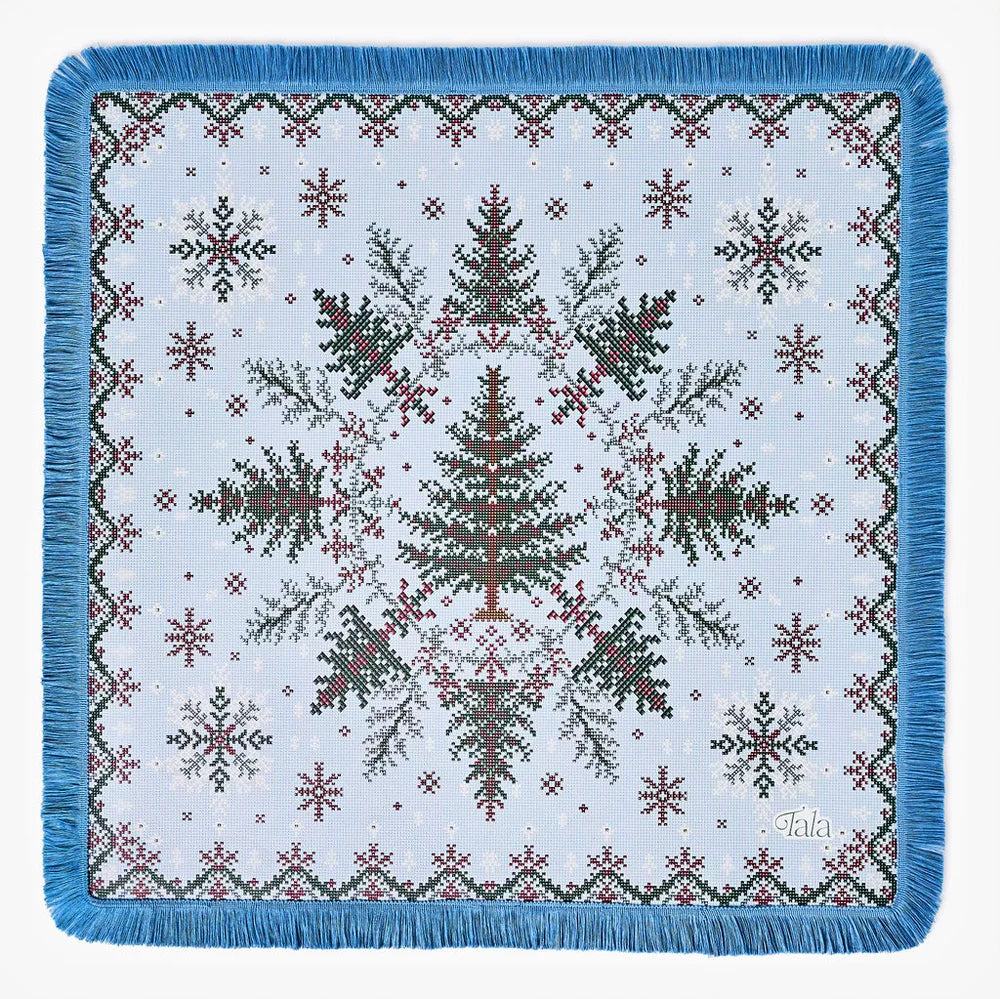 Sweater Weather - Holiday Mahjong Mat with Winter Blue Fringe *Pre-Order* ships 11/1