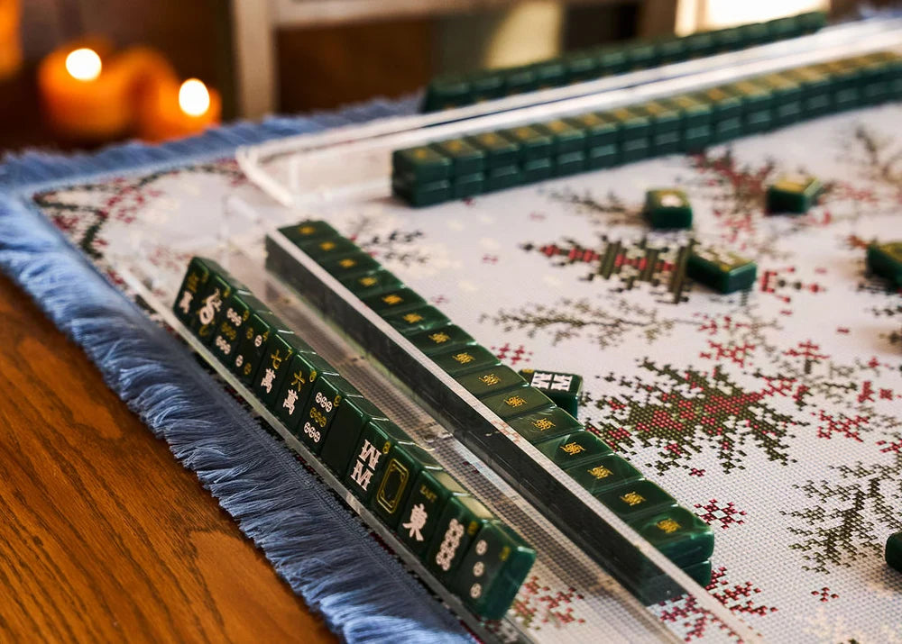 Sweater Weather - Holiday Mahjong Mat with Winter Blue Fringe *Pre-Order* ships 11/1