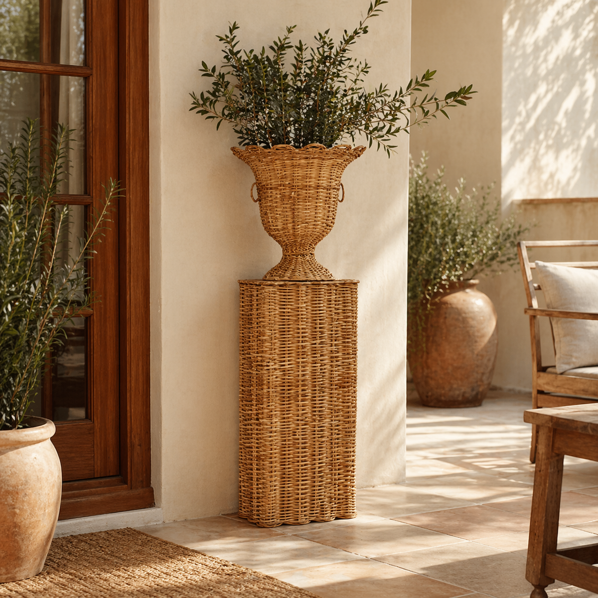 Square Scalloped Wicker Urn and Pedestal (2 Options)