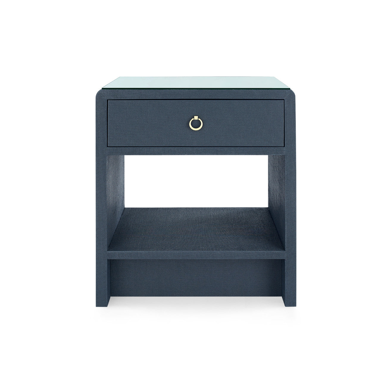 Benjamin Linen 1-Drawer Side Table with Glass Top, Blue Steel
