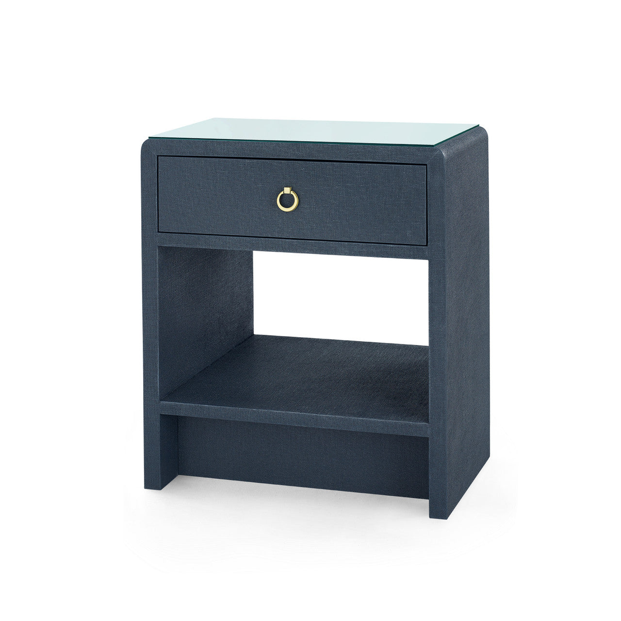 Benjamin Linen 1-Drawer Side Table with Glass Top, Blue Steel
