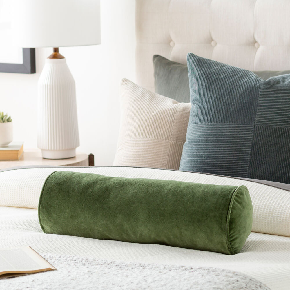 Cotton Velvet Pillow Bolster- Medium Green