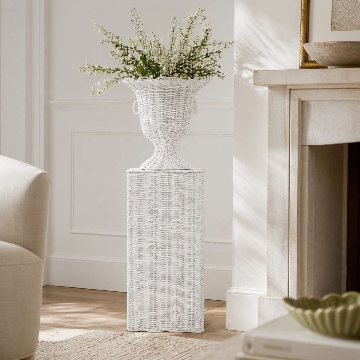 White Square Scalloped Wicker Urn and Pedestal (2 Options)