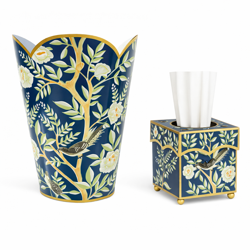 Navy Chinoiserie Wastepaper Basket & Tissue (2 Options)