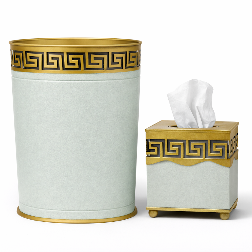 Soft Green Greek Key Wastepaper Basket & Tissue (2 Options)