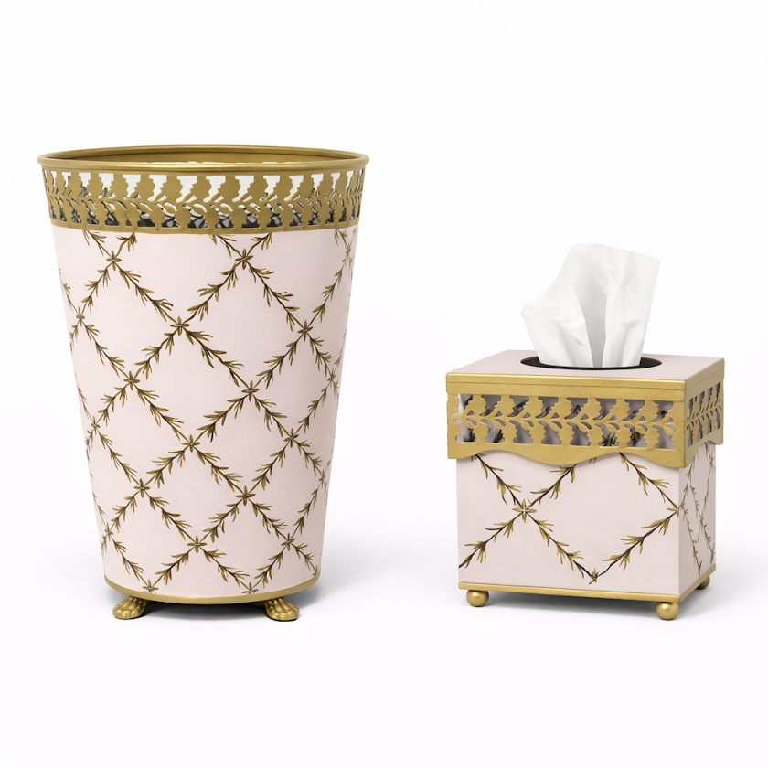 Pink Pierced Gold Leaf Wastepaper Basket & Tissue (2 Options)