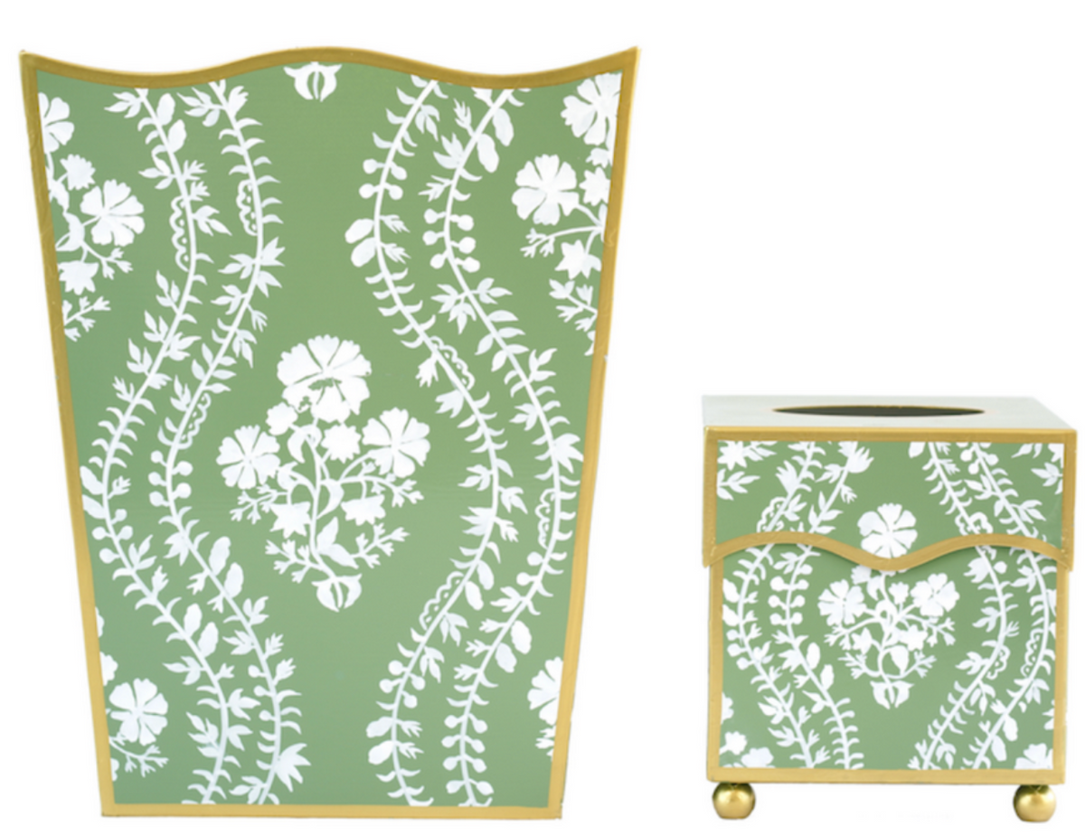 Green Floral Trellis Wastepaper Basket & Tissue (2 Options)